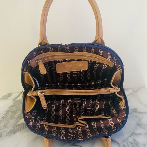 Tignanello Mini Dome Leather Bag Satchel Top Handles Mini Tote Cobalt Blue Tan - Picture 3 of 11